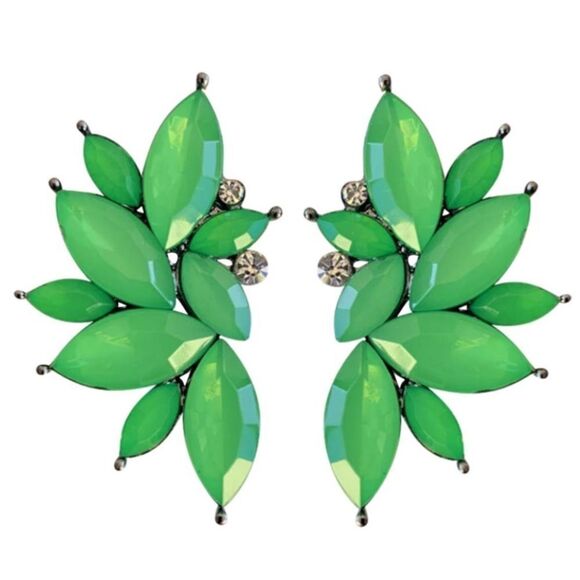 Gun Metal Black with Tropical Green Crystal 80's Punk Rock Starburst Earrings - Picture 1 of 5